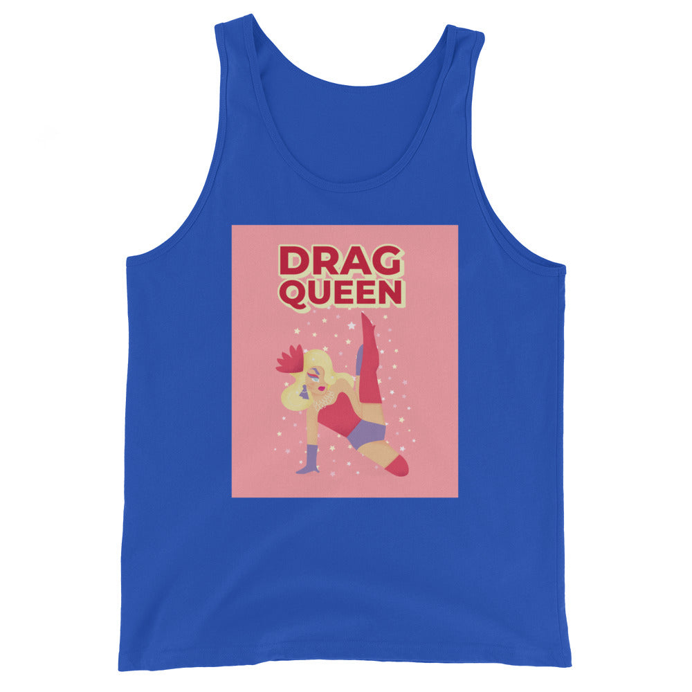 Front view of a blue tank top with a pink drag queen graphic and “DRAG QUEEN” text