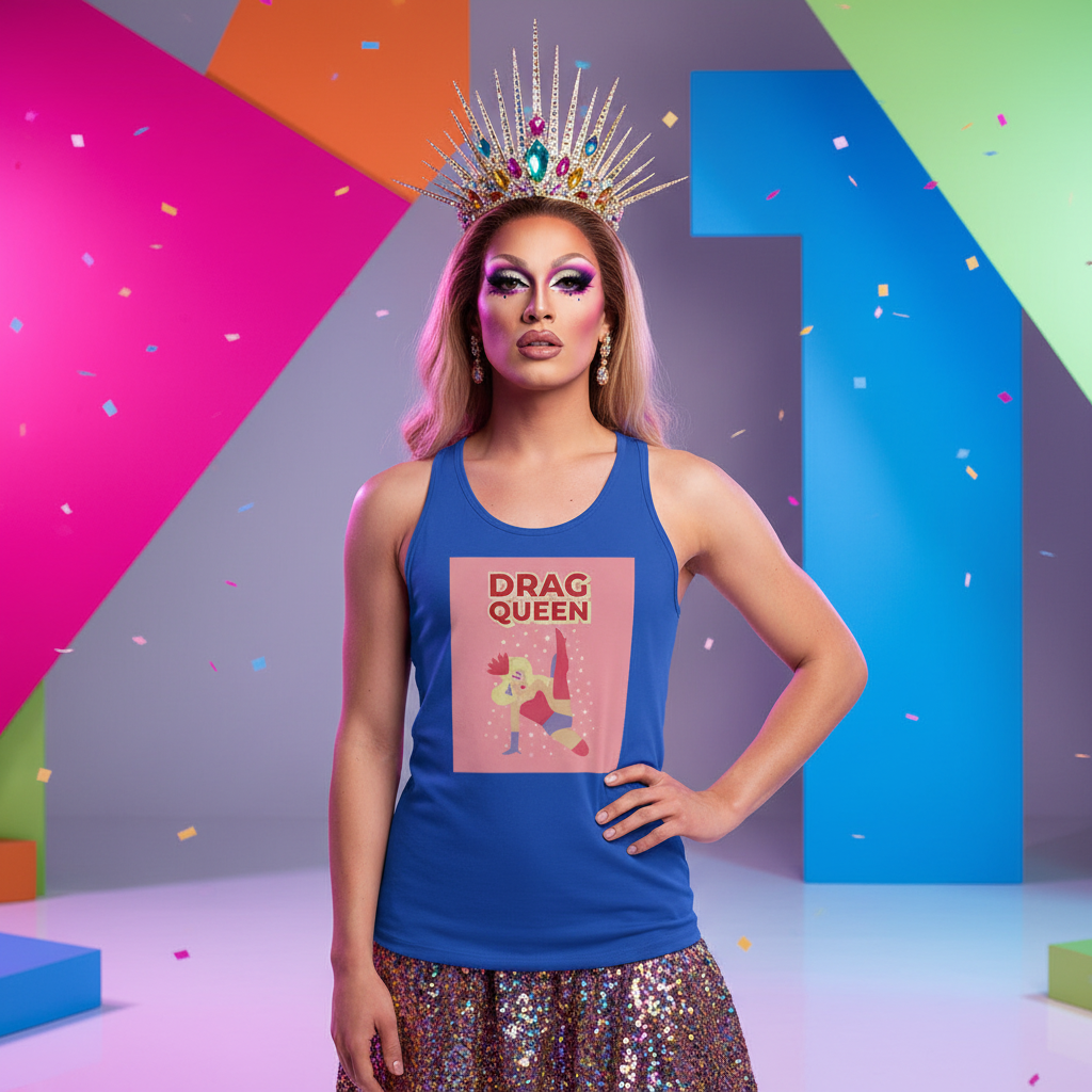 Drag Queen Unisex Tank Top with bold text and performer art, rocked by a drag queen in dramatic makeup, crown, sequined skirt, and confetti.