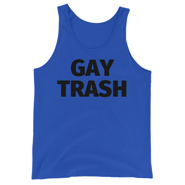 Bright blue unisex tank top with “GAY TRASH” in bold black letters on the chest, shown laid flat on a plain white background.