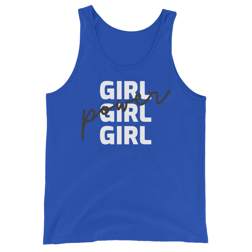 Front-facing blue tank top with stacked white “GIRL” text and black “power” script