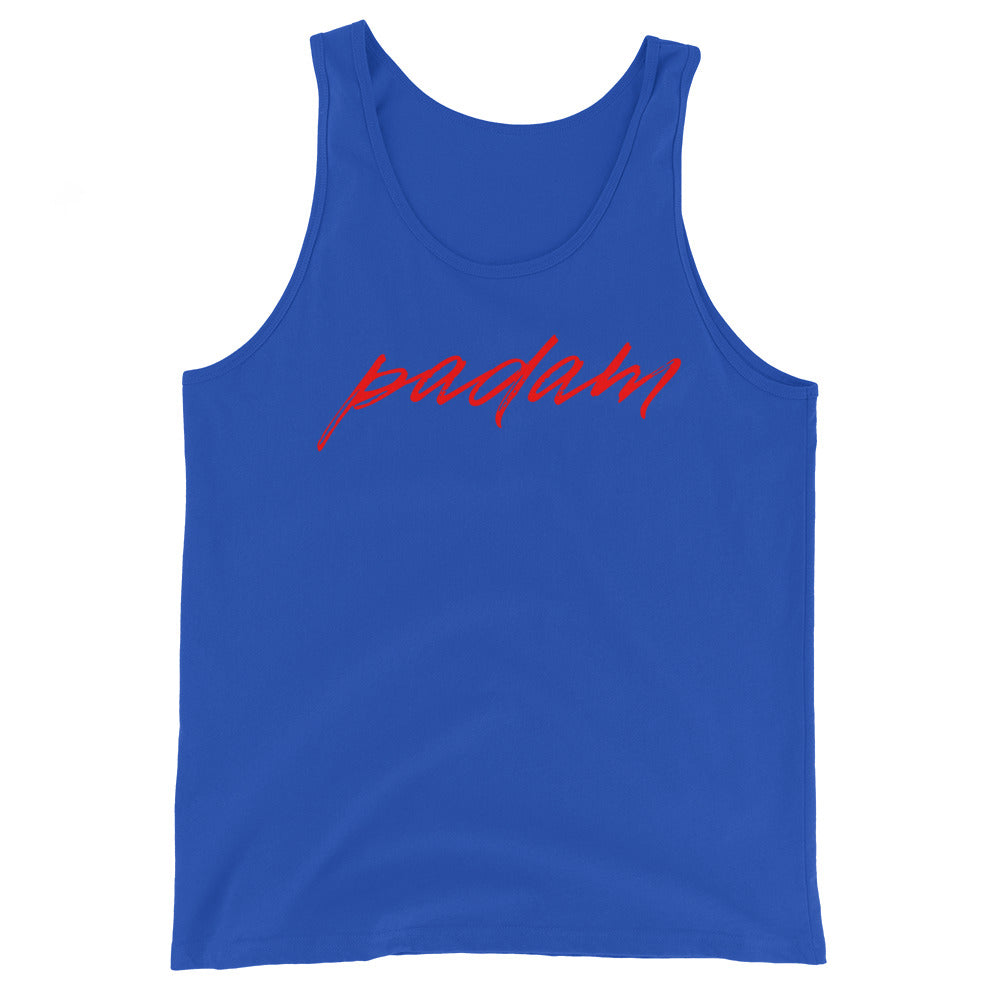 Front view of a royal blue tank top with red cursive “padam” lettering