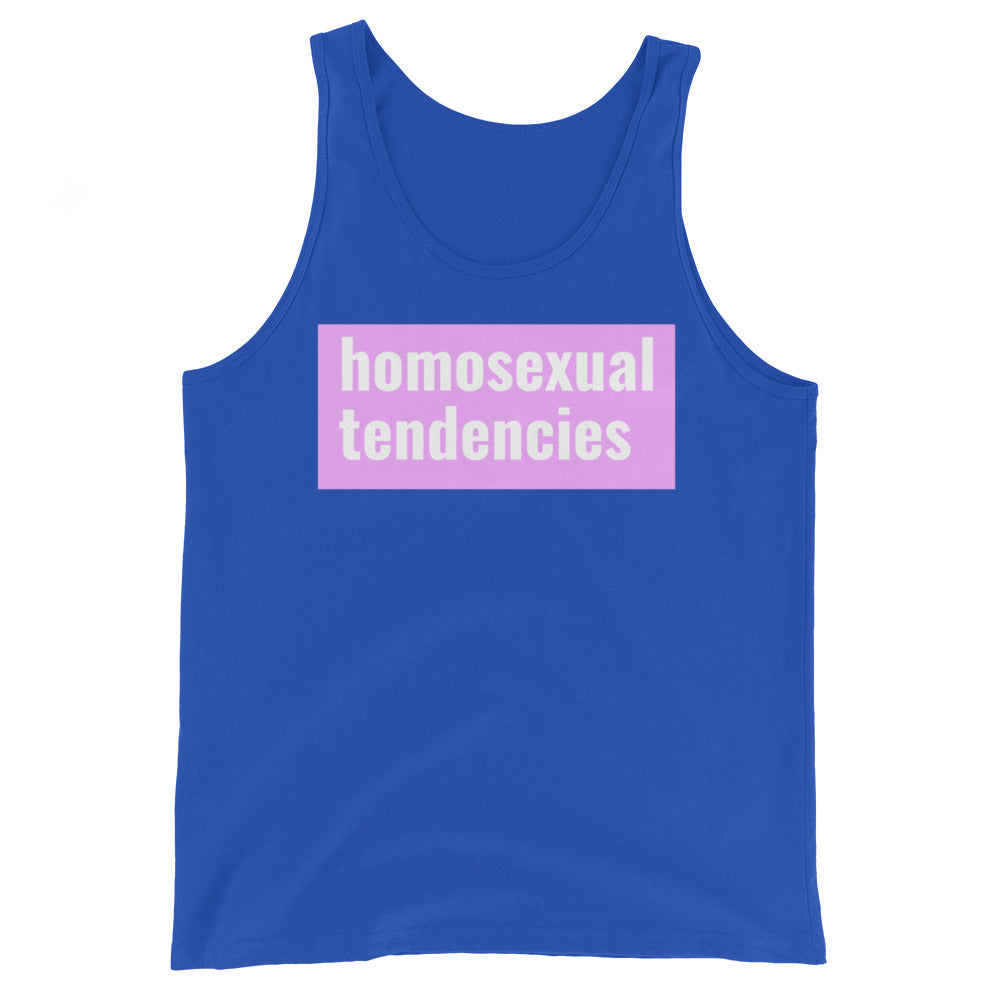 Unisex tank top in royal blue with a pink box on chest, bold white "homosexual tendencies" text; plain white backdrop.
