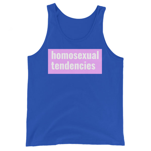 Unisex tank top in royal blue with a pink box on chest, bold white 