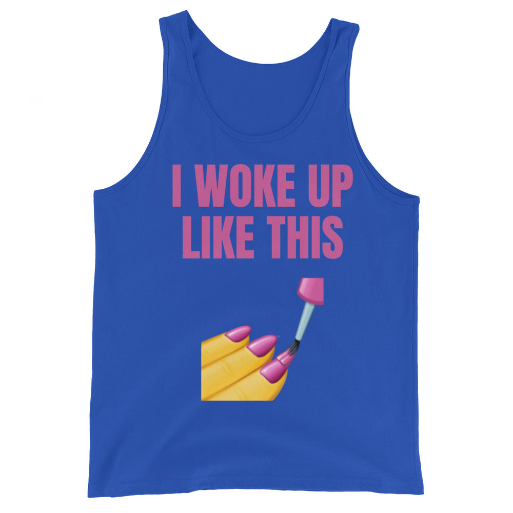 Front view of a blue tank top reading “I WOKE UP LIKE THIS” with a nail-polish graphic
