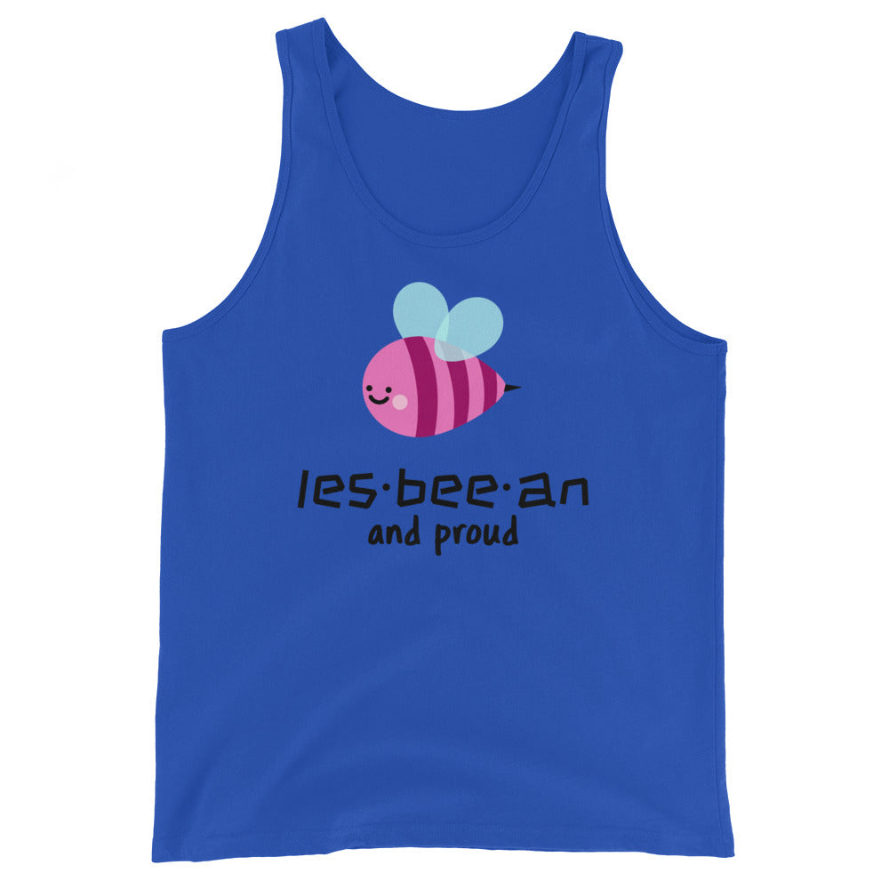 Unisex tank top in royal blue with a cute bee in pink and purple stripes, blue wings, and "les·bee·an and proud" text below.
