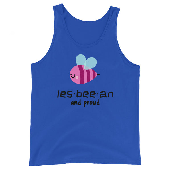Unisex tank top in royal blue with a cute bee in pink and purple stripes, blue wings, and 
