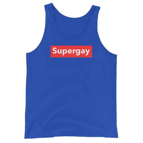 Unisex royal blue tank with red rectangle and bold white “supergay” text; gender inclusive, pride-ready queer graphic on white display.