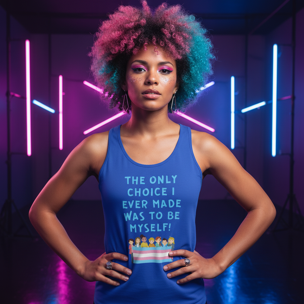 Model wearing a blue tank top reading “THE ONLY CHOICE I EVER MADE WAS TO BE MYSELF!”