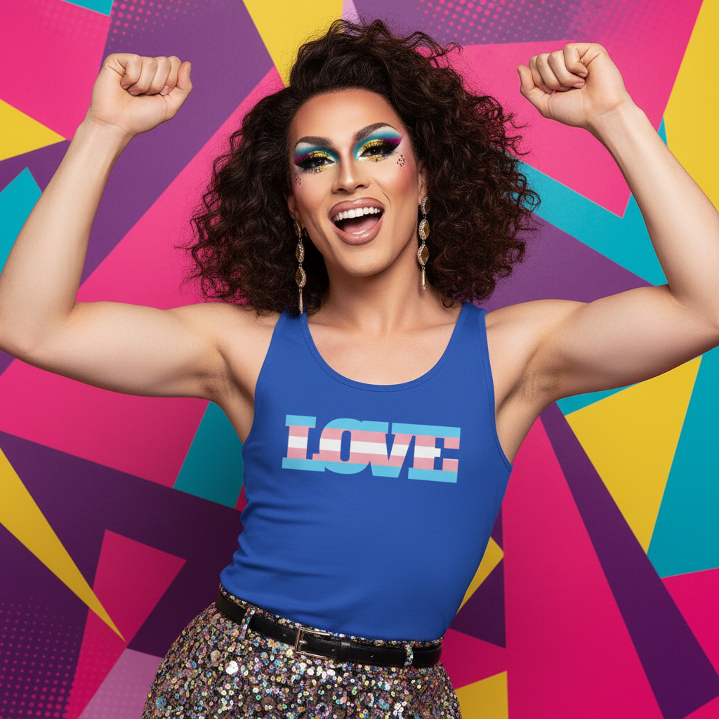 Transgender Love Unisex Tank Top with "LOVE" in trans flag colors, modeled by a drag queen in sequined skirt and gold earrings.