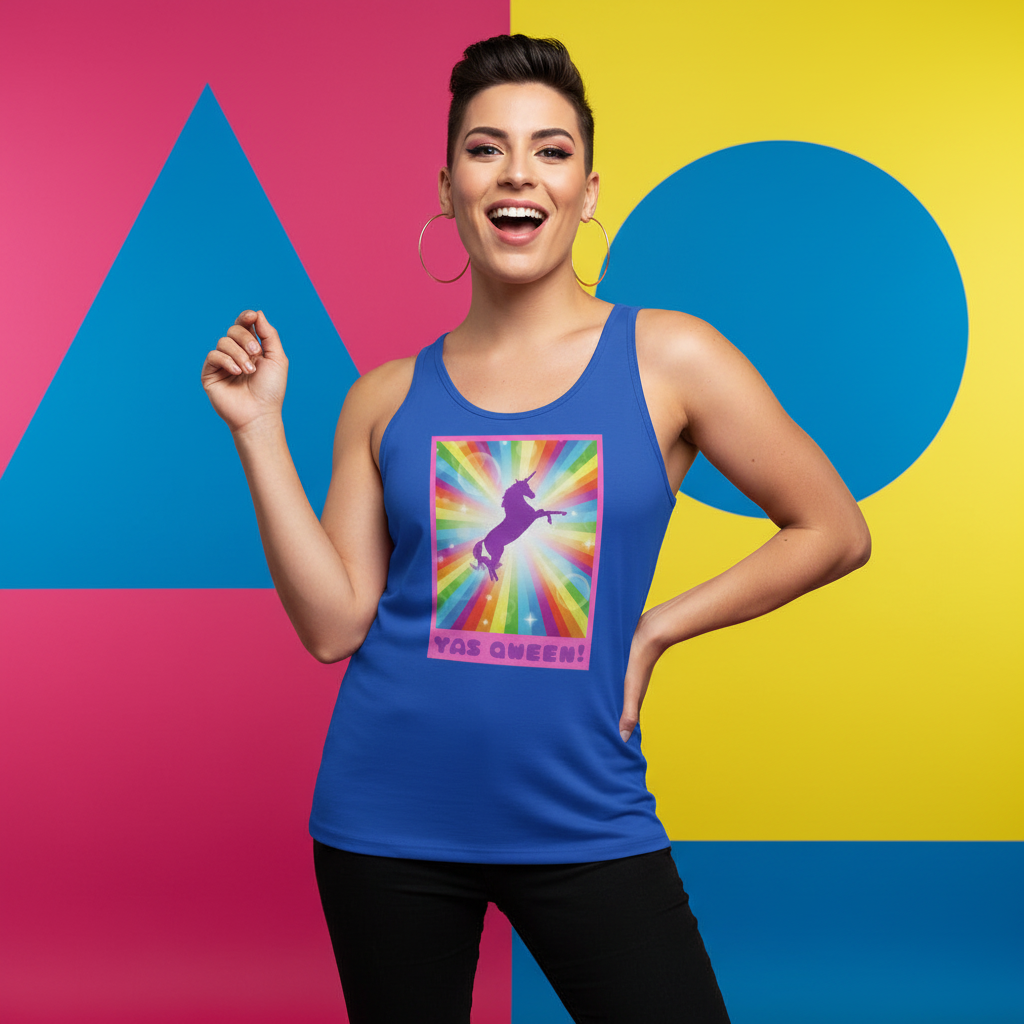 Yas Qween! Unisex Tank Top in royal blue, rocking a rainbow unicorn and "YAS QUEEN!" text; bright pink, yellow, blue backdrop.
