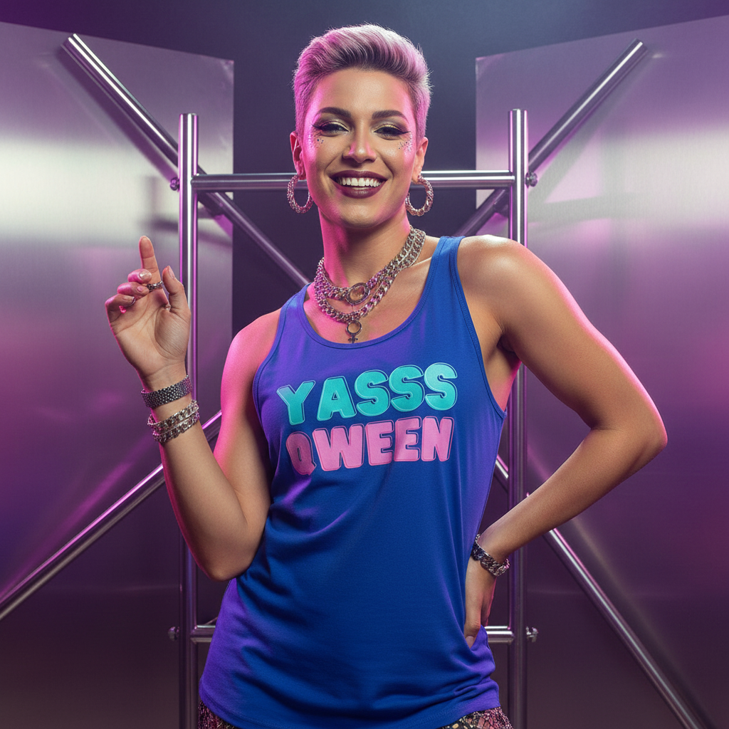 Blue Yasss Qween Unisex Tank Top worn by a confident person with short hair, hoops, layered necklaces; bold metallic pink-purple vibe.