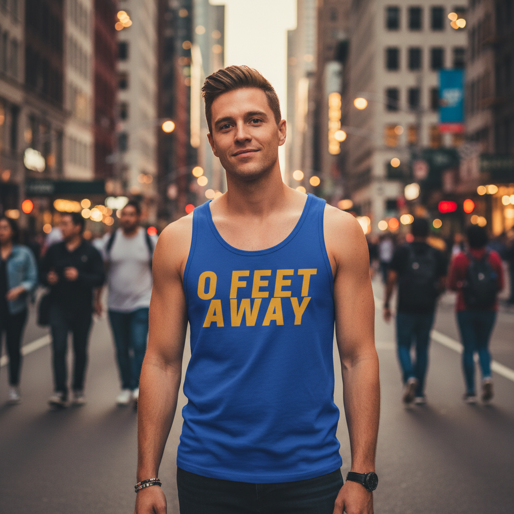 Zero Feet Away Grindr unisex tank top with bold yellow text, worn by a man at dusk on a bustling city street, queer vibes strong.