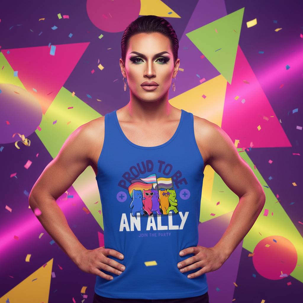 Person wearing the Proud To Be An Ally Unisex Tank Top, featuring cartoon characters with rainbow flags, embodying vibrant queer pride and empowerment against a festive, neon backdrop.