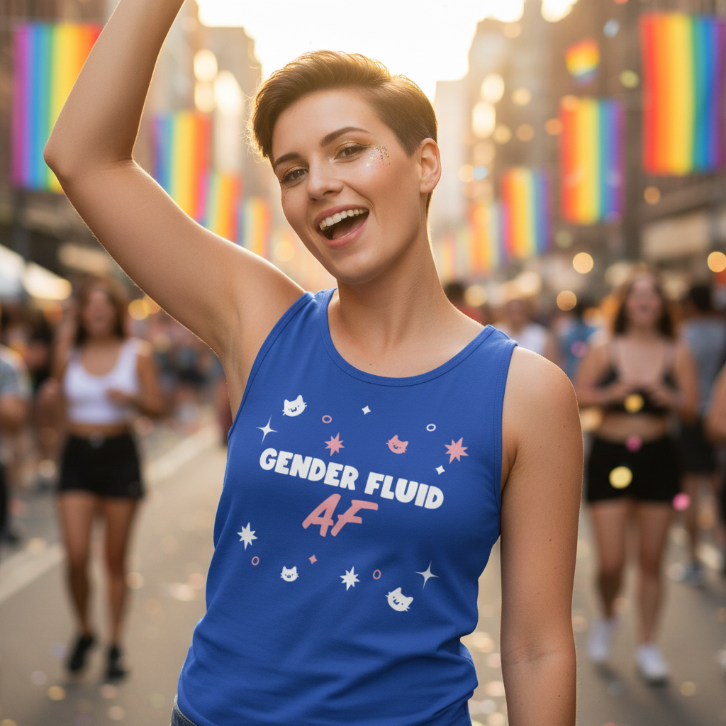 A vibrant scene featuring a smiling individual in a royal-blue GENDER FLUID AF tank top, embodying pride and self-expression amidst a lively LGBTQ+ celebration.