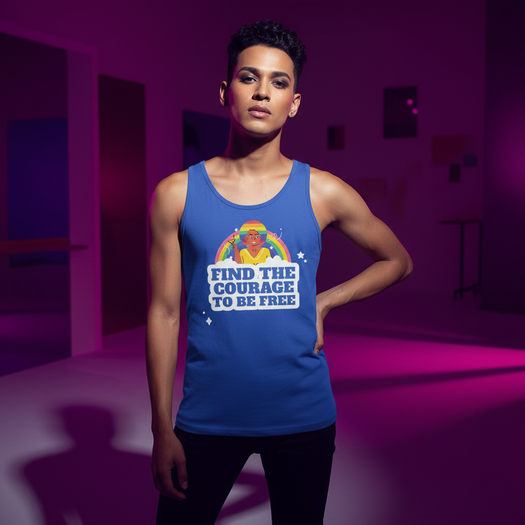Young person in a magenta-lit studio wearing the Find The Courage To Be Free Unisex Tank Top, featuring a cartoon figure and rainbow, embodying vibrant queer empowerment and self-expression.