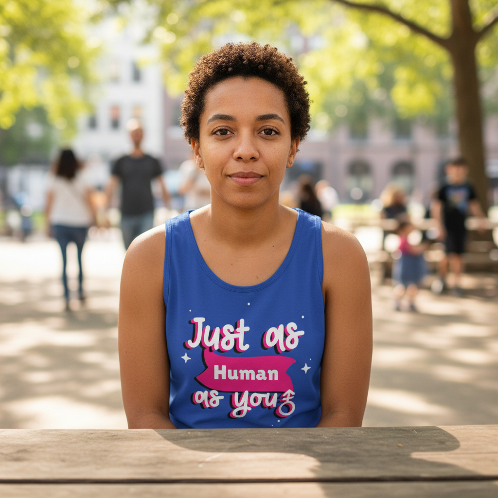 Just As Human As You Unisex Tank Top worn by a curly-haired person at a sunny, queer picnic in a vibrant, pride-filled park.