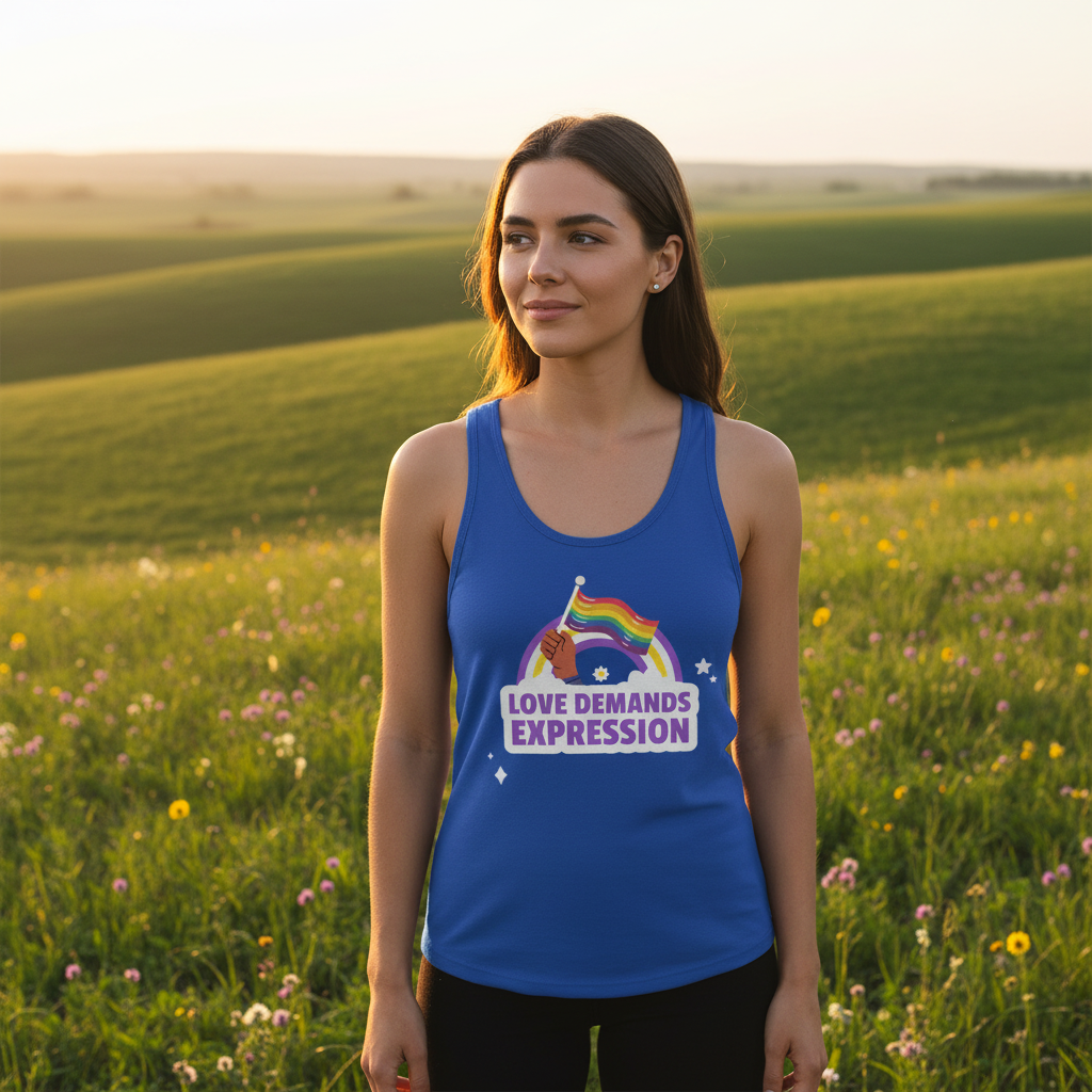 Young woman in a meadow wearing the Love Demands Expression Unisex Tank Top, featuring a rainbow flag and slogan. A vivid display of pride and empowerment, perfect for celebrating queer identity.