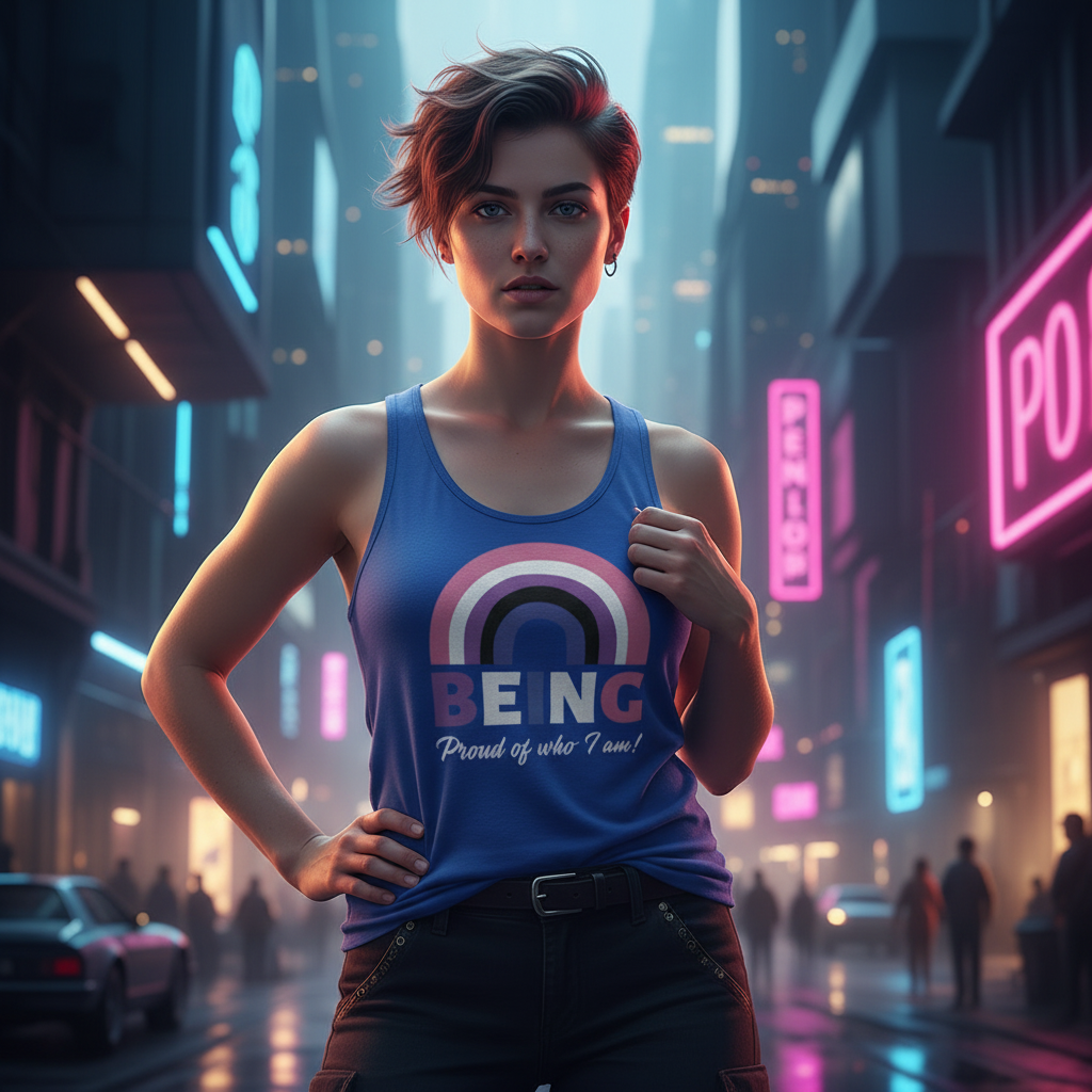 Young woman in a royal blue Being Proud Of Who I Am! unisex tank top with a rainbow graphic, exuding confidence amidst a neon-lit, futuristic cityscape.
