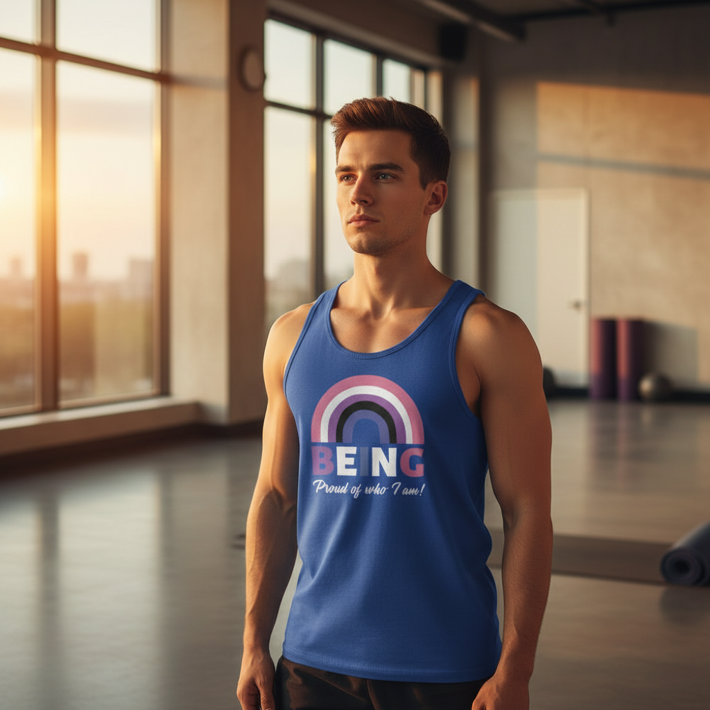 Young athletic man in a bright gym wearing Being Proud Of Who I Am! Unisex Tank Top, vibrant with a rainbow graphic. Celebrating LGBTQIA+ pride and empowerment through bold, self-expressive fashion.