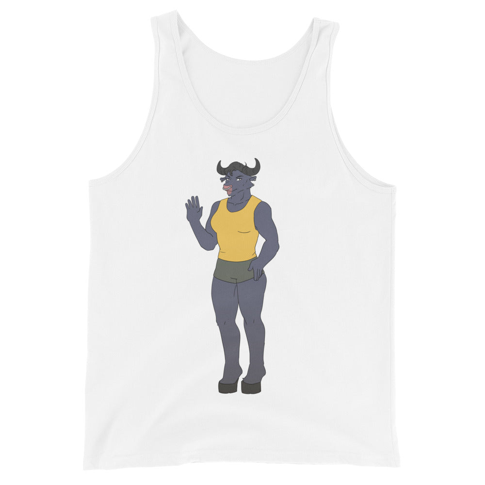 White tank top featuring a horned, muscular anthropomorphic figure in a yellow crop top and shorts