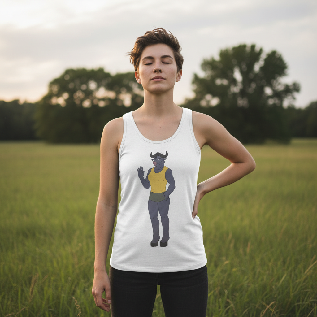 Bull Dyke Unisex Tank Top with a horned, blue-skinned character in a yellow shirt waving; short-haired person stands eyes closed on grass.