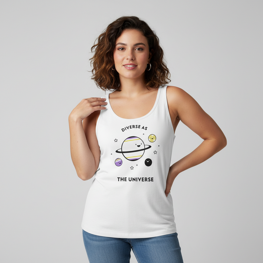 Unisex tank top in white with cartoon planets, stars, and the queer-affirming slogan "Diverse as the Universe" on front.