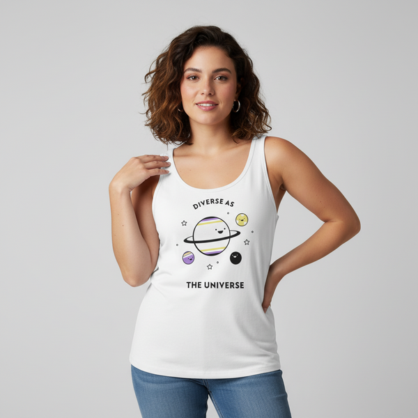 Unisex tank top in white with cartoon planets, stars, and the queer-affirming slogan 