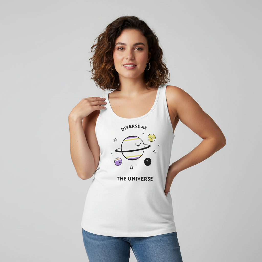 Unisex tank top in white with cartoon planets, stars, and the queer-affirming slogan "Diverse as the Universe" on front.