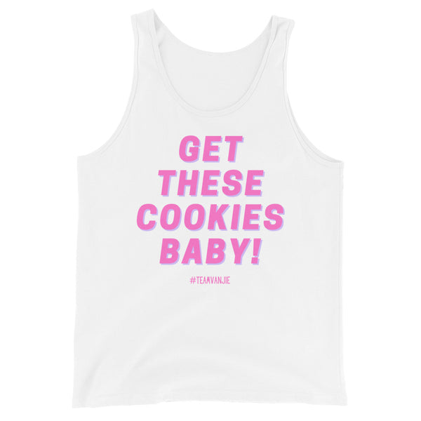 Unisex white tank top with bold pink all-caps text: 