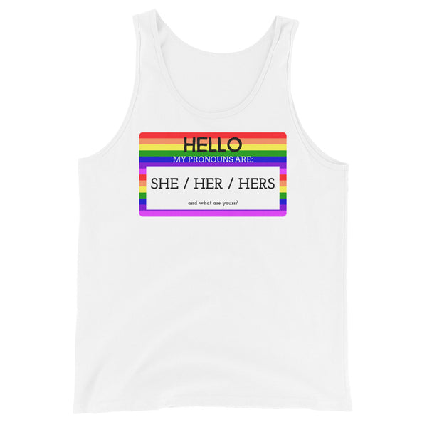 Unisex white tank top featuring a rainbow-striped 