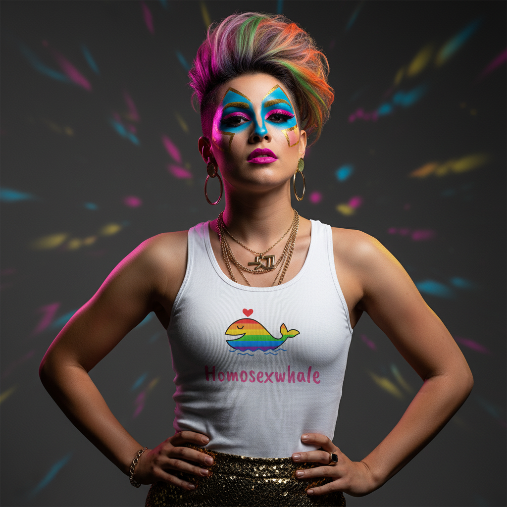 Homosexwhale Unisex Tank Top with a rainbow cartoon whale, heart, and “Homosexwhale” text; modeled by someone with rainbow hair and bold makeup, plus gold jewelry.