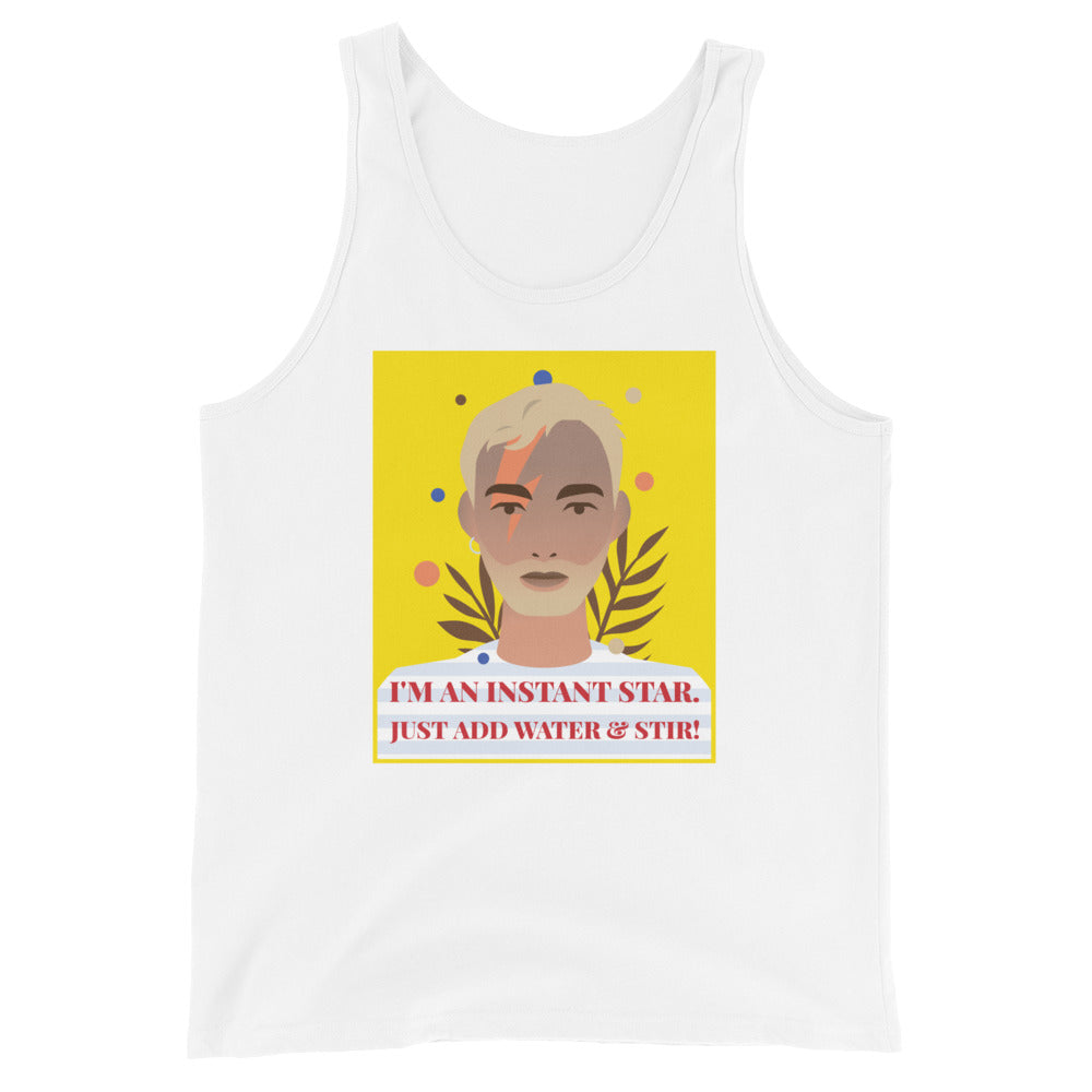 White tank top with a colorful portrait and “I'M AN INSTANT STAR. JUST ADD WATER & STIR!”