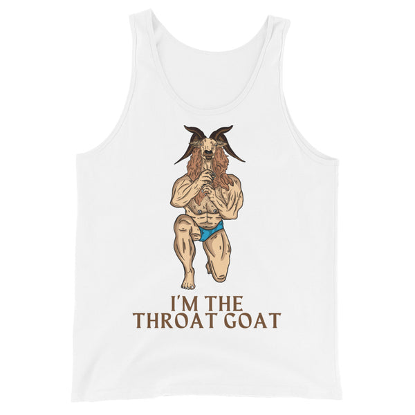 White tank top with a horned goat-man illustration and “I’M THE THROAT GOAT” text