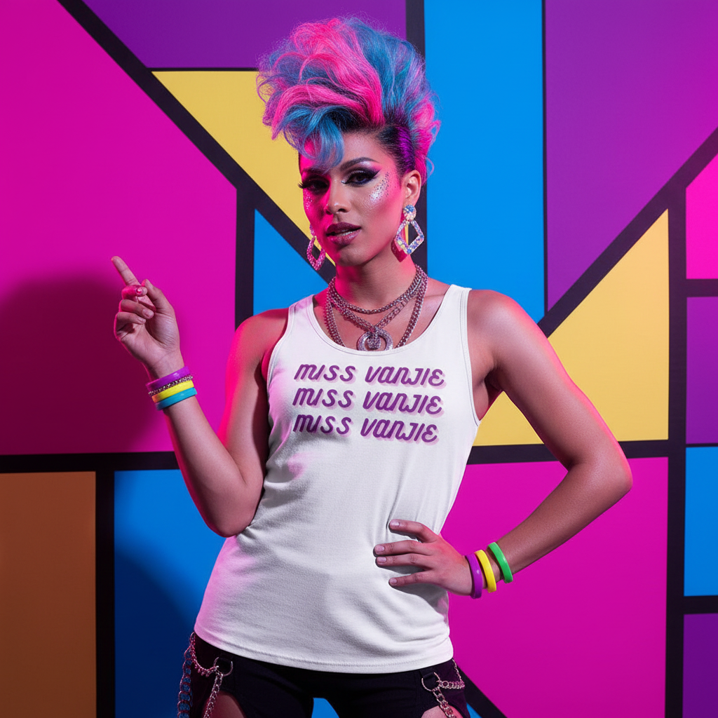 Miss Vanjie Unisex Tank Top on a drag performer with pink-blue hair, glam makeup, rhinestone earrings, and rainbow jewelry.