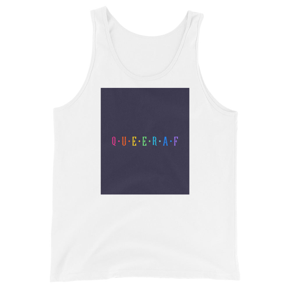 Unisex tank top with a navy blue chest panel, “QUEER AF” in bold rainbow letters with white polka dots, perfect for Pride.