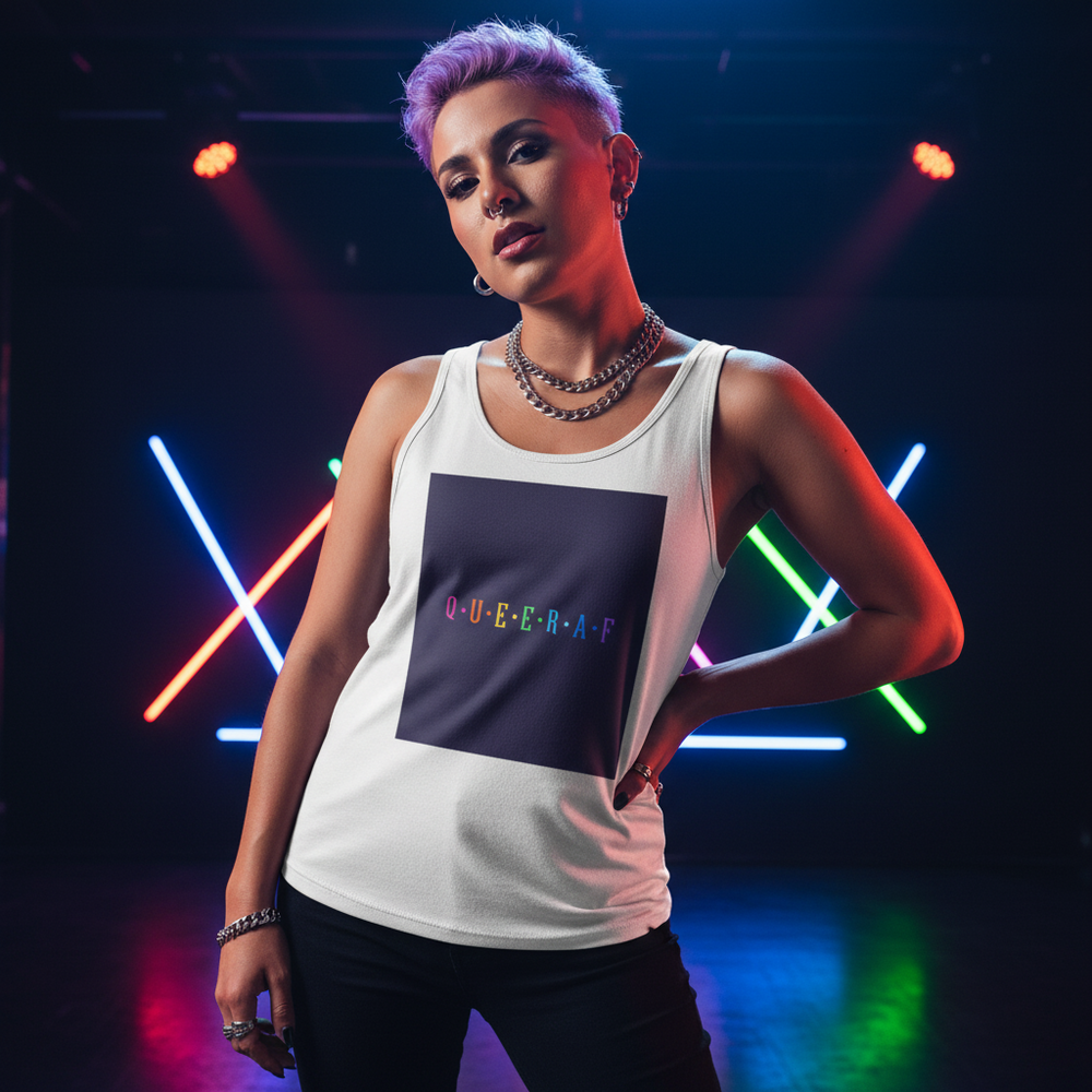 Person modeling a white tank top with rainbow “QUEER AF” lettering in a neon-lit setting