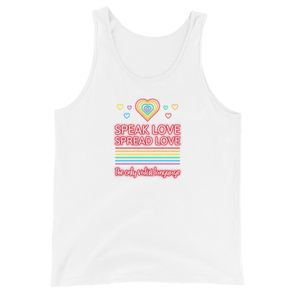 White tank top with rainbow hearts and “SPEAK LOVE SPREAD LOVE” graphic