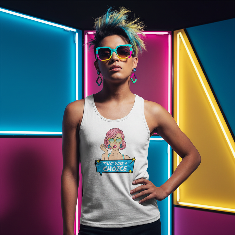 White That Was A Choice Unisex Tank Top, styled on a bold queer model with short rainbow hair, big earrings, and neon shapes.