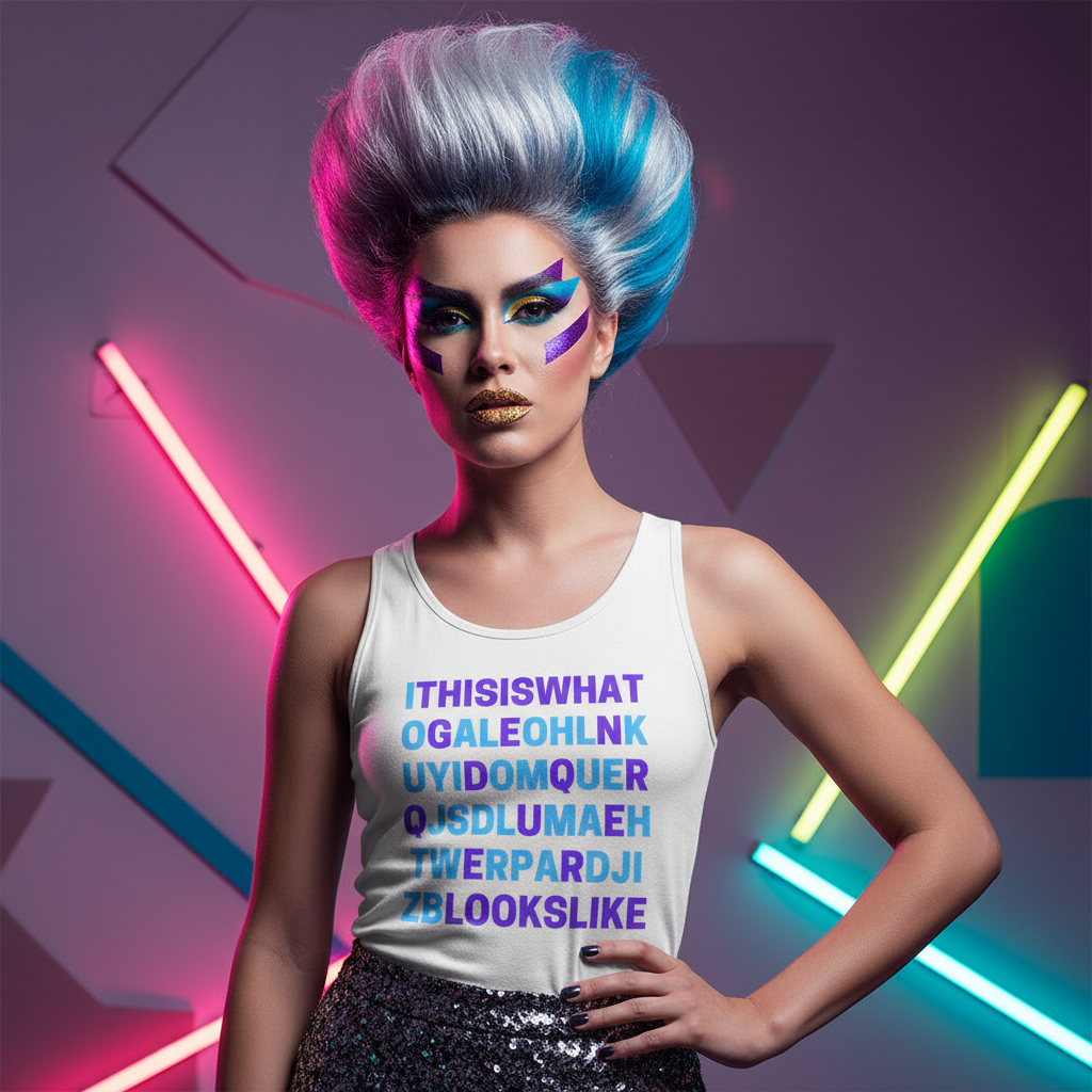 Unisex tank top with "This Is What Genderqueer Looks Like" in bold multicolor, styled with silver-blue hair and a sequin skirt.
