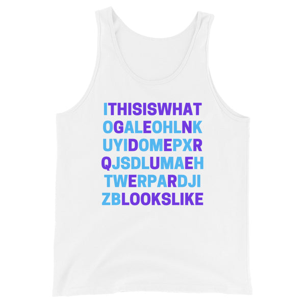 Unisex tank top with blue and purple word search design hiding the phrase 