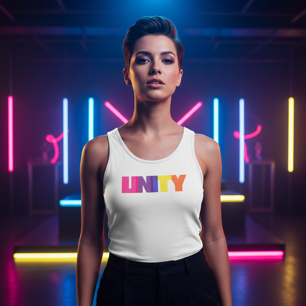 Unity Unisex Tank Top with bold “UNITY” text in rainbow colors, worn by a short-haired person, neon blue, purple, yellow vibes.