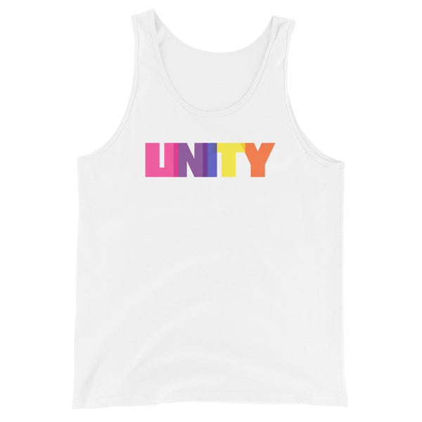 Unisex tank top with “UNITY” in bold pink, purple, red, yellow, and orange—a queer-inclusive vibe for pride or everyday wear.