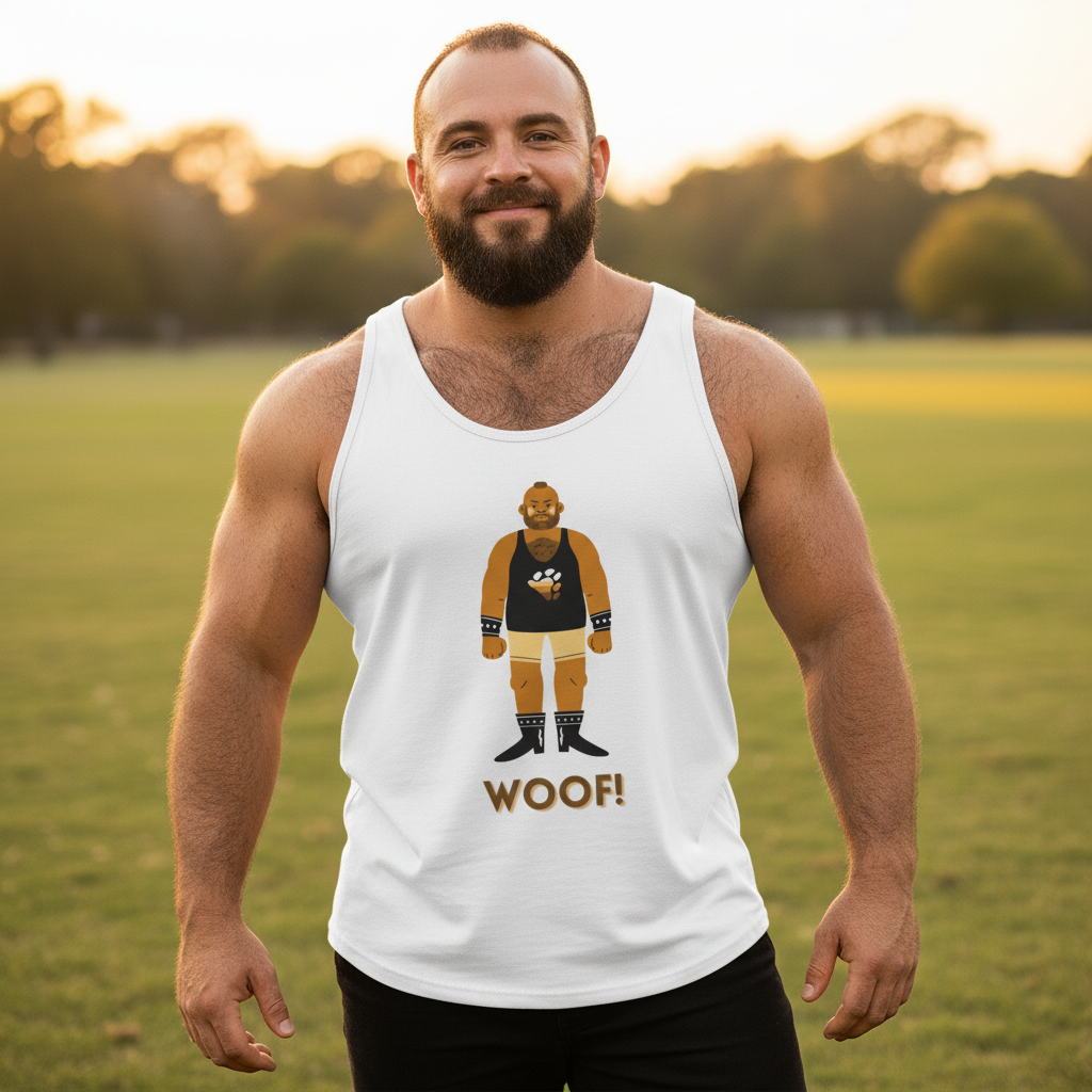 Unisex tank top with "WOOF!" slogan and cartoon muscle bear, worn by a bearded man at sunset in a park, trees and grass behind.