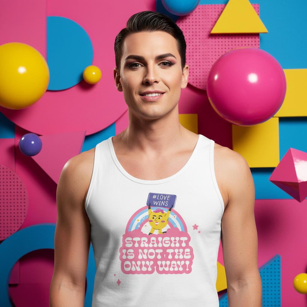 Young adult proudly models the Straight Is Not The Only Way! Unisex Tank Top, featuring a playful cartoon cat graphic, embodying queer pride and self-expression against a vibrant geometric backdrop.