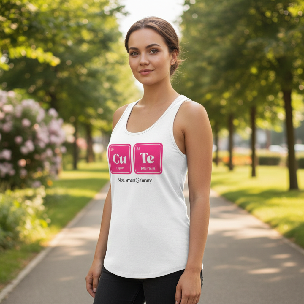 Young woman stands on a path wearing the CuTe Nice Smart & Funny Unisex Tank Top, featuring “Cu” and “Te” elements. The design celebrates queer pride and self-expression with a playful scientific twist.