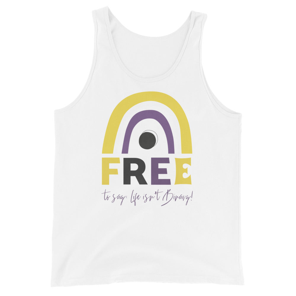 Front view of a white tank top with a yellow and purple rainbow graphic and “FREE” text