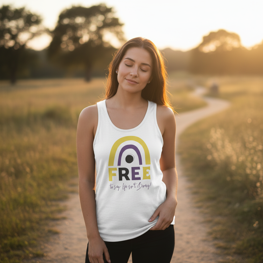 Young woman in a Free To Say: Life Isn't Binary! Unisex Tank Top, featuring a stylized rainbow arch. She stands on a dirt path, embodying pride, empowerment, and self-expression.