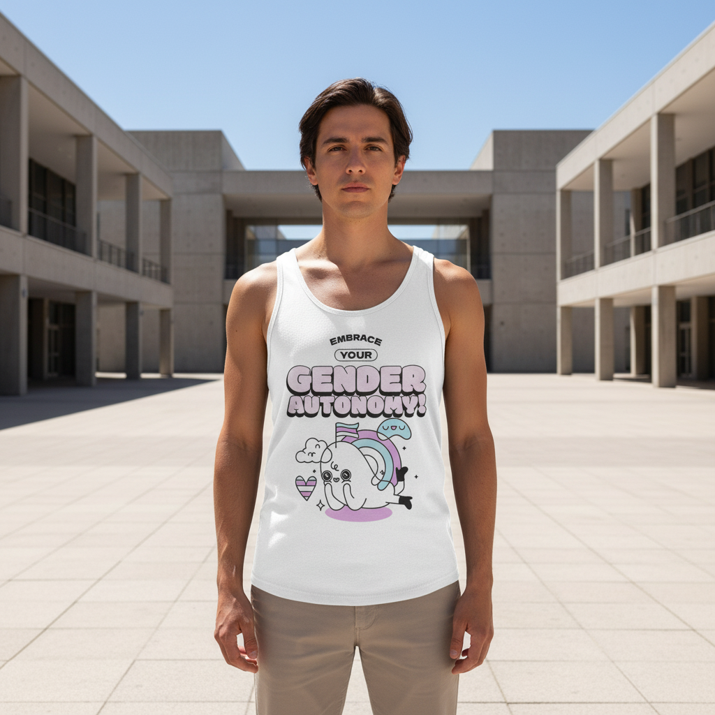Unisex tank top with “Embrace Your Gender Autonomy!” in vibrant colors, plus a cartoon unicorn, heart, and rainbow—pride vibes.
