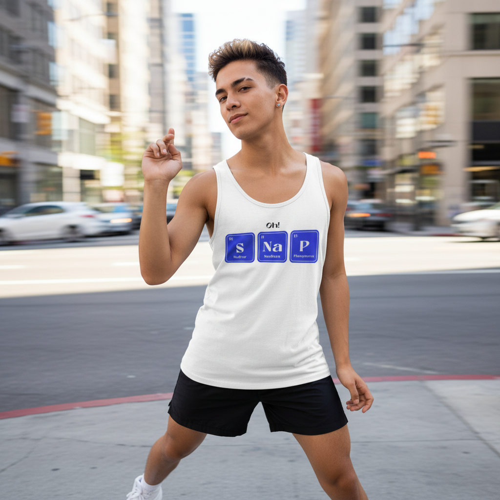 Oh! SNaP Unisex Tank Top in blue with "Oh! SNaP" as periodic elements, black shorts; queer urban street style, blurred city scene.