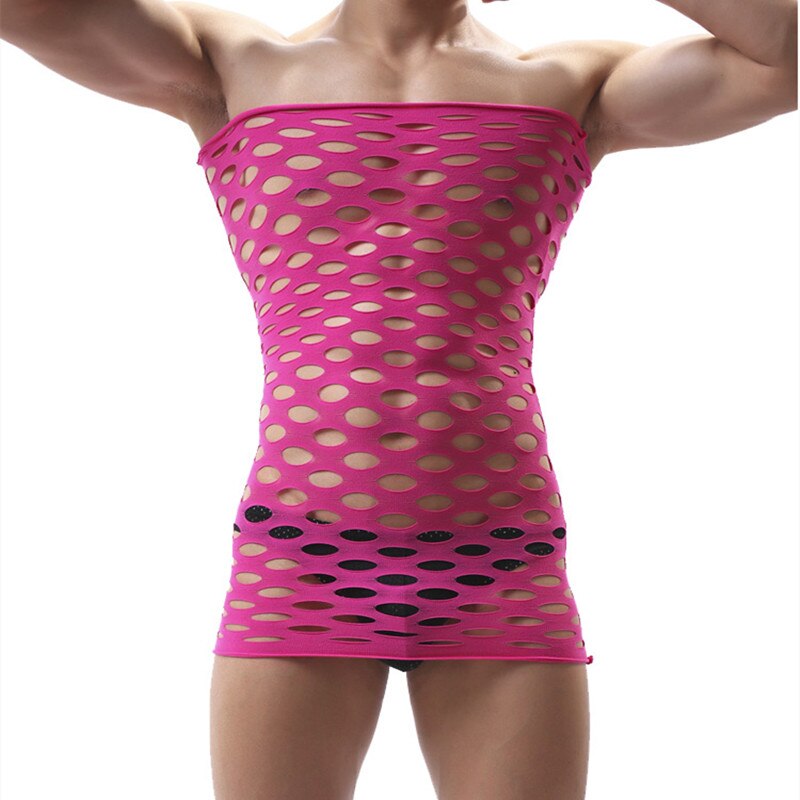 Front-facing cropped model in a hot-pink fishnet bodystocking with black briefs visible underneath